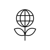 Sprout and world globe icon outline style. Planet plant leaf bio eco, green, global, protect, save nature, environment concept. Thin line symbol. Illustration isolated. vector