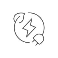 Green eco energy outline style icon. Clean power, transition, lightning in circle with plant leaf and plug, renewable concept. Thin line symbol. Illustration isolated. Editable stroke. vector