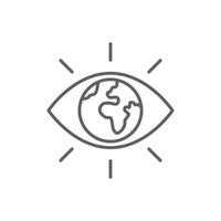 Global vision outline style icon. Eye with the earth in place of the iris, earth, world, globe, ecology, business concept. Thin line symbol. Illustration isolated. Editable stroke. vector