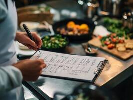 dietético organizando platos utilizando nutrición portapapeles foto