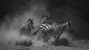 Zebras Trekking Through Dusty Terrain photo