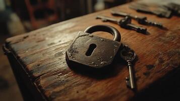 Old Lock and Key on Timber Surface photo