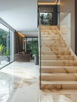 Elegant Modern Stairway with Marble and Glass Details photo