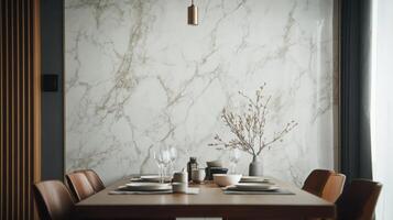 Upscale Dining Hall with Artistic Marble Wallpaper Design photo