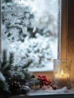 Seasonally Contrasted Scene of Frosted Cottage Window photo