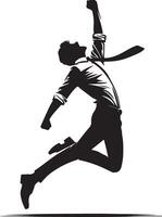 Silhouette of a man in a shirt and tie jumping with his fist raised in the air victoriously vector