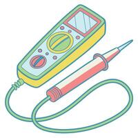 A cartoon style multimeter with a yellow body and a red probe on a white background vector