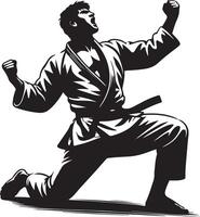 Silhouette of a man in a karate gi kneeling and raising his fists in celebration vector