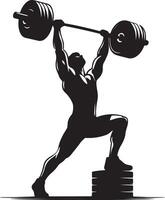 Silhouette of a muscular man lifting a heavy barbell overhead while standing on blocks vector