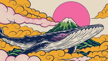 Whale swimming through clouds with mountain and pink sun in the background art vector