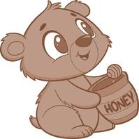 A cartoon bear holding a pot of honey with a dipper, isolated on a white background vector