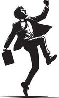A black and white illustration of a man in a suit celebrating with a briefcase vector