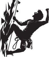 Silhouette of a man rock climbing with one arm raised in a triumphant gesture vector