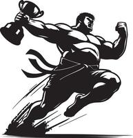 A muscular man in black and white triumphantly holding a trophy while running forward vector