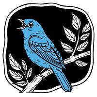 A blue bird perched on a branch with white leaves in a black and white frame art vector