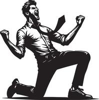 Man in shirt and tie kneeling with fists raised and mouth open in black and white art vector