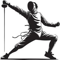A black and white drawing of a fencer in action with a sword extended forward ready vector
