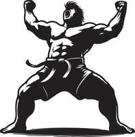 A muscular martial artist in a victorious pose with arms raised and mouth open wide vector