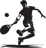 A monochrome silhouette of a tennis player mid swing with ball and racket in view vector