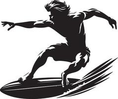 Silhouette of a surfer riding a surfboard with water trails on a white background vector
