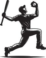 Silhouette of baseball player jumping with bat and glove in black and white art vector