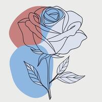 A line drawing of a rose with leaves and a stem against abstract colored circles vector