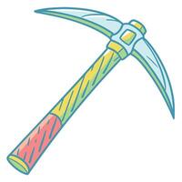 Illustration of a cartoon pickaxe with a yellow and red handle on a white background vector