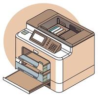 Isometric illustration of a printer with paper trays and control panel on beige background vector