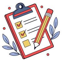A clipboard with a checklist and a pencil next to it surrounded by small leaves vector