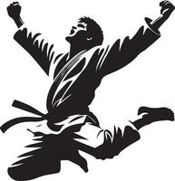 Silhouette of a man in a karate uniform jumping with his arms raised in celebration vector