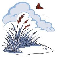 Illustration of reeds with a butterfly and birds flying near a cloud in the sky vector
