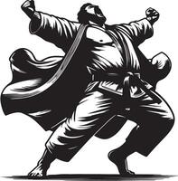 A black and white illustration of a man in a karate uniform cheering victoriously vector