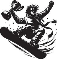 A snowboarder holding a trophy in the air while riding a snowboard in black and white vector