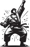 A monochrome illustration of a karate practitioner in a victorious pose with a black belt vector