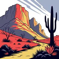 Colorful desert landscape with mountains cactus and winding path under cloudy sky art vector
