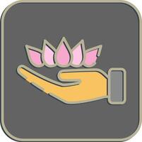 Icon lotus on hand. Buddhism and vesak elements. Icon in embossed style. vector