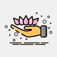 Icon lotus on hand. Buddhism and vesak elements. Icon in MBE style. vector