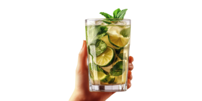 Refreshing Mojito Cocktail With Lime And Mint In Hand. Summer Beverage And Refreshment Concept Isolated On Transparent Background png