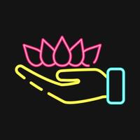 Icon lotus on hand. Buddhism and vesak elements. Icon in neon style. vector