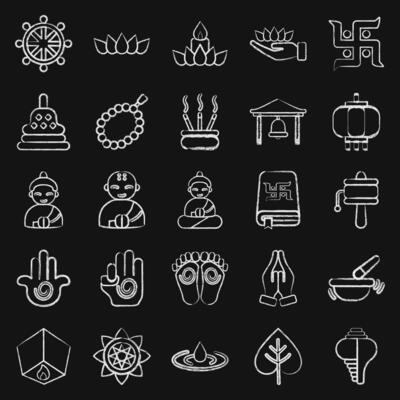 Icon set of buddhism. Buddhism and vesak elements. Icon in chalk style.