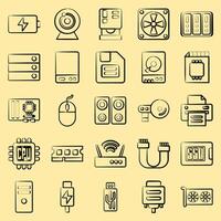 Icon set of computer components. Computer components elements. Icon in hand drawn style. vector