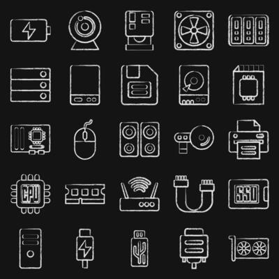 Icon set of computer components. Computer components elements. Icon in chalk style.