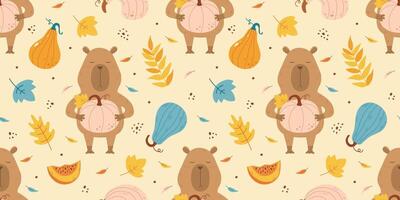 Autumn pattern with funny capybara with pumpkins vector