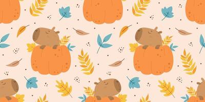 Autumn pattern with funny capybara in pumpkin vector