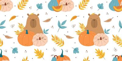 Funny capybara with pumpkins autumn pattern vector