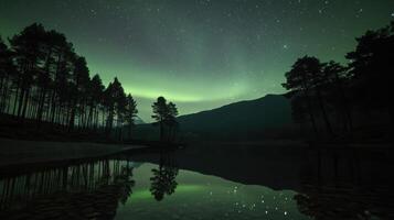 Starlit Aurora Illuminates the Surface of a Calm Lake photo