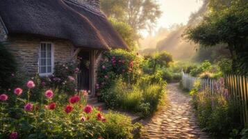 Dawn Illumination Enchanting Stone Cottage Garden View photo