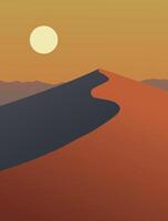 A minimalist depiction of a desert landscape with orange and warm tones mountains under a soft yellow sun. The color palette creates a warm and peaceful desert vibe vector