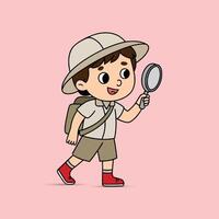 Cute kid finding about something. Boy child finding with Magnifying Glass vector