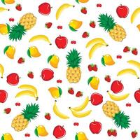 Mango, pineapple, apple, strawberry, banana, cherry mix fruits abstract seamless pattern on white background vector